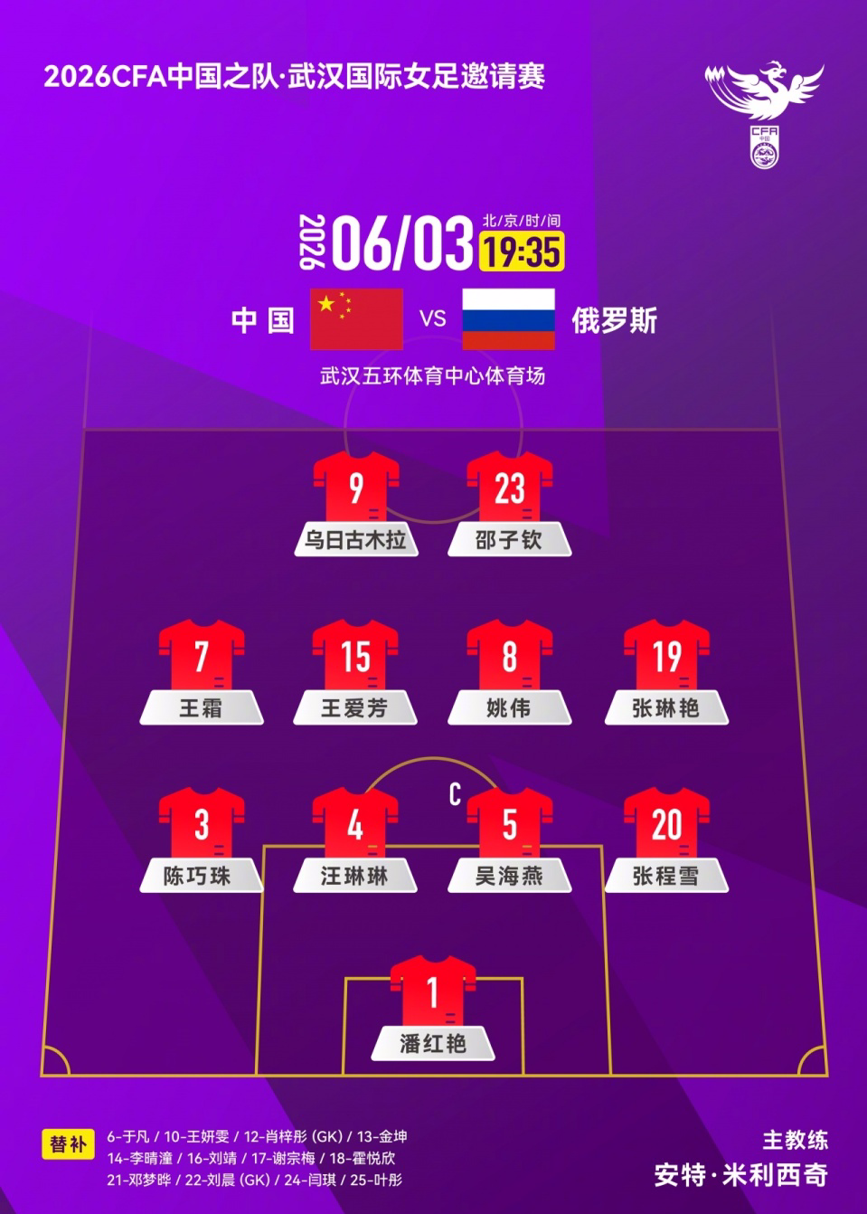 竞技宝电竞社区-中国女足VS俄罗斯首发：吴海燕队长 王霜、张琳艳先发 王爱芳登场